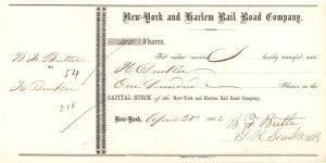 New York and Harlem Rail Road Co. Transferred to Benj. Butler - Autographed Railway Stocks and Bonds