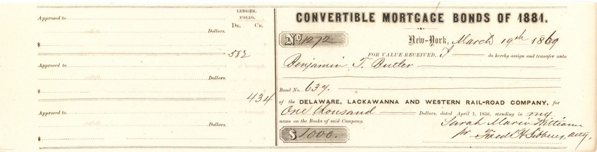 Delaware, Lackawanna and Western Rail-Road Co. Transferred to Benj. Butler - Autographed Stocks and Bonds