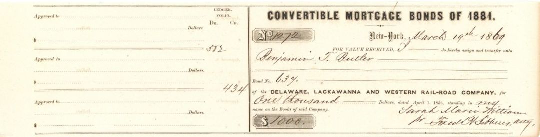 Delaware, Lackawanna and Western Rail-Road Co. Transferred to Benj. Butler - 1869 or 1881 dated Autographed Stocks and Bonds