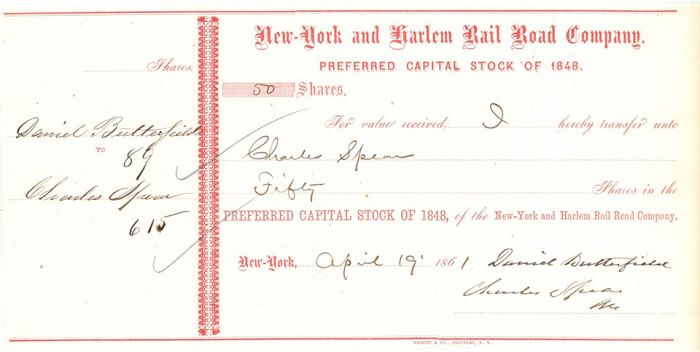 New-York and Harlem Rail Road Co. Transferred to Daniel Butterfield - Autographed Stocks and Bonds