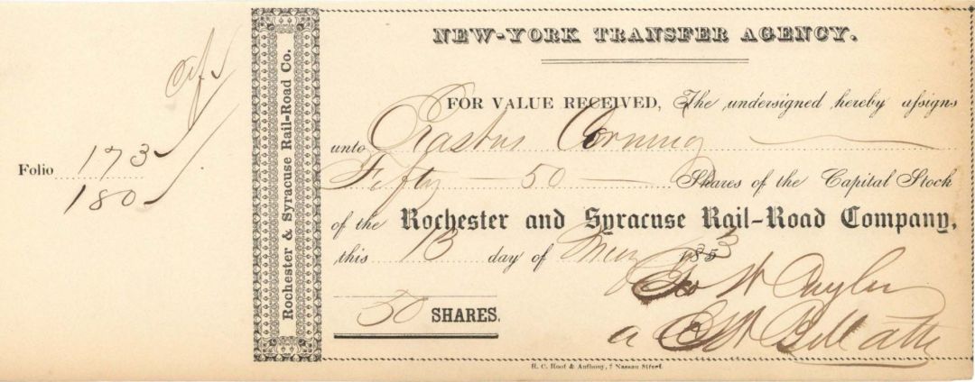 Rochester and Syracuse  Rail-Road Co. Transferred to Eratus Corning - 1853 dated Stock Transfer