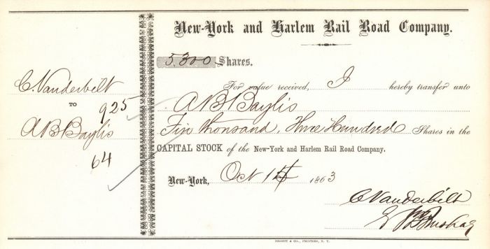 New-York and Harlem Rail Road Co. transferred to Commodore Cornelius Vanderbilt - Transfer Receipt