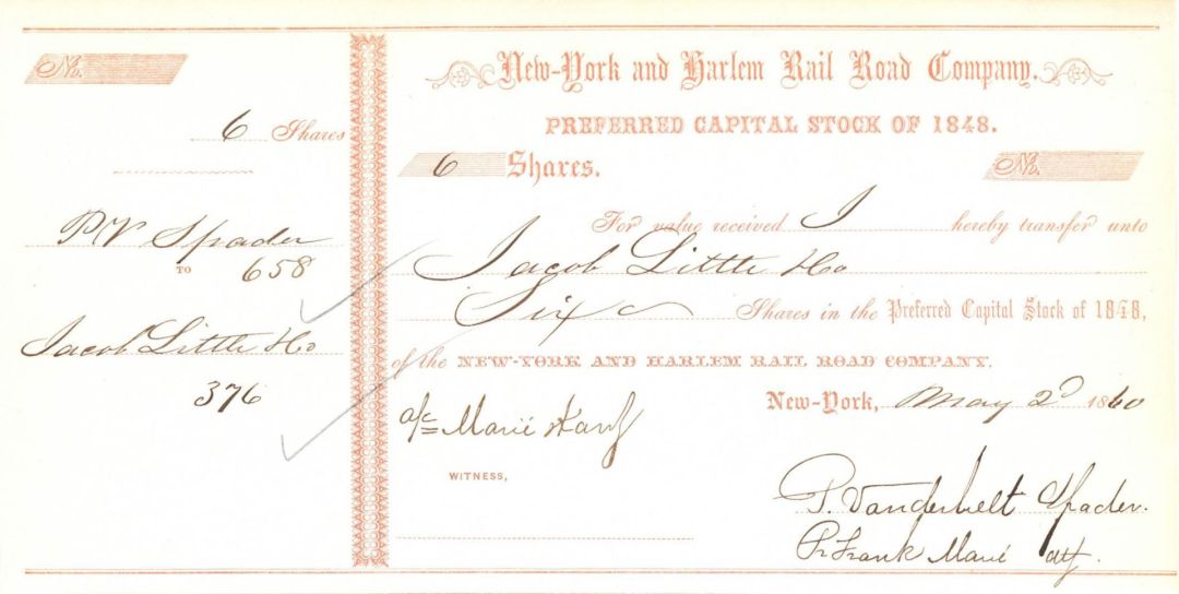 New-York and Harlem Rail Road Co. Transferred to P. Vanderbilt - 1860 dated Stock Certificate