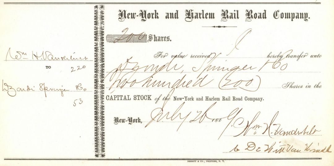 New York and Harlem Rail Road Co. Transfer Receipt Involving William H. Vanderbilt - Receipt signed by Lawyer for Vanderbilt