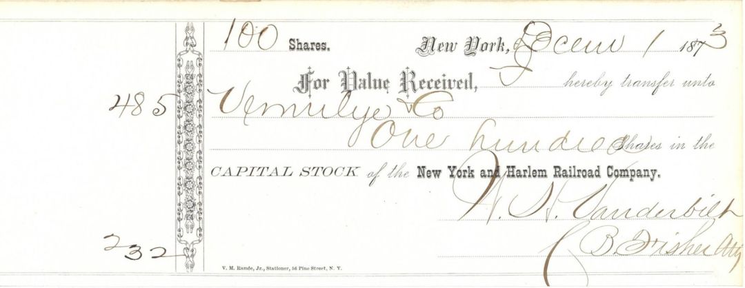 New York and Harlem Railroad Co. Transferred to W.H. Vanderbilt - 1873 dated Railway Stocks and Bonds