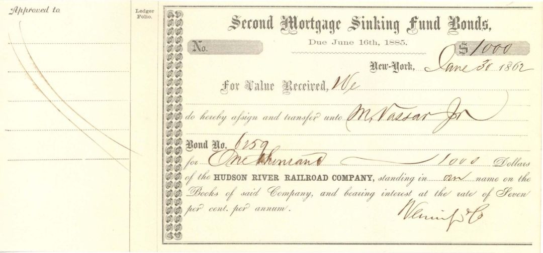 Hudson River Railroad Co. Transferred to M. Vassar, Jr. - 1862-1865 dated $1,000 Bonds