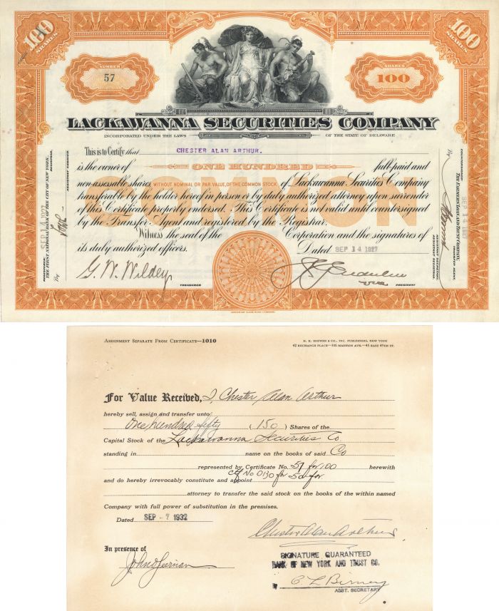 Lackawanna Securities Co. Issued to and signed by Chester Alan Arthur - Autographed Stocks and Bonds