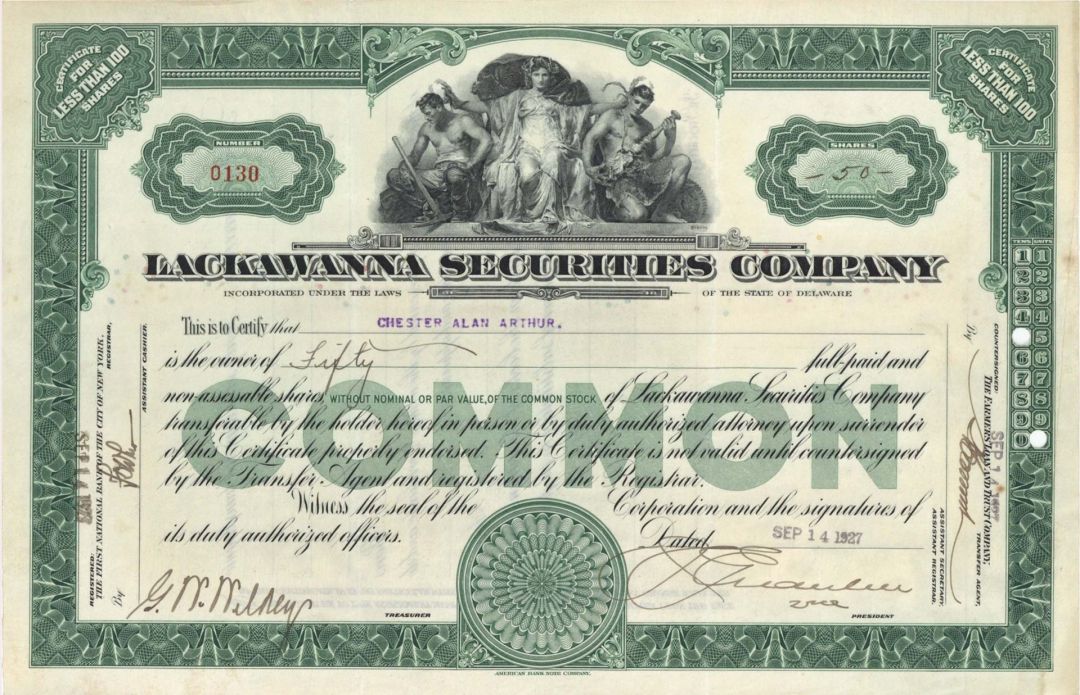 Lackawanna Securities Co. Issued to Chester Alan Arthur - Not Signed 1927 dated Stock Certificate