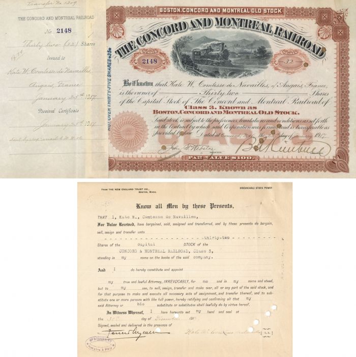 Concord and Montreal Railroad Issued to and signed by Kate W. Comtesse de Navailles - Autographed Stocks and Bonds