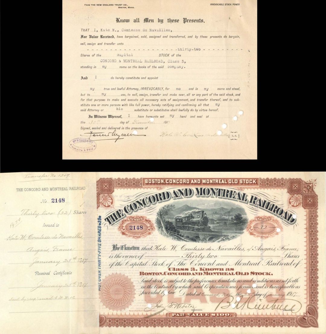 Concord and Montreal Railroad Issued to and signed by Kate W. Comtesse de Navailles  - 1917 dated Autographed Stocks and Bonds
