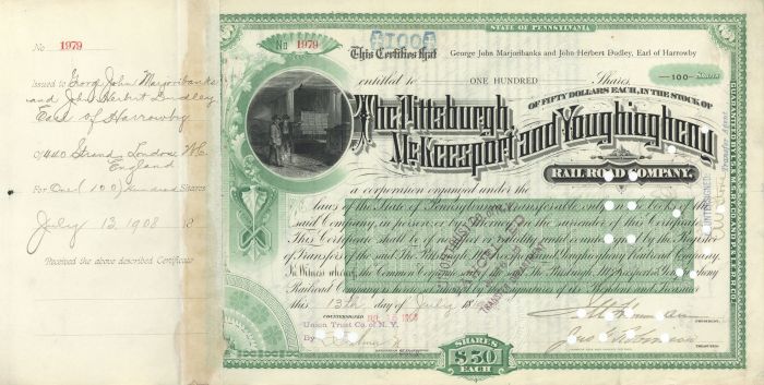 Pittsburgh, McKeesport and Youghiogheny Railroad Co. Issued to Earl of Harrowby  - Autographed Stocks and Bonds