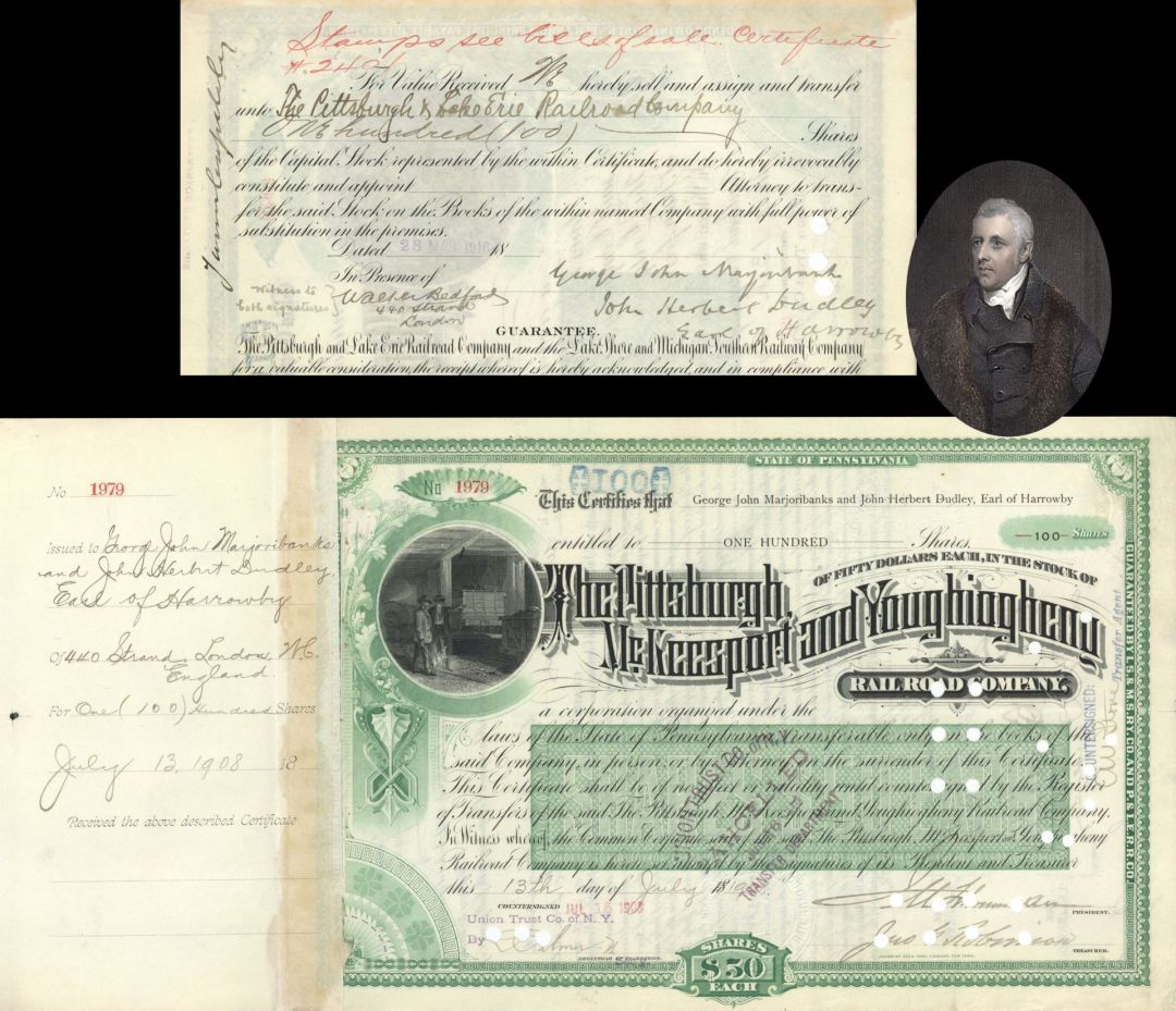 Pittsburgh, McKeesport and Youghiogheny Railroad Co. Issued to Earl of Harrowby  - 1908 and 1916 dated Stocks Certificate