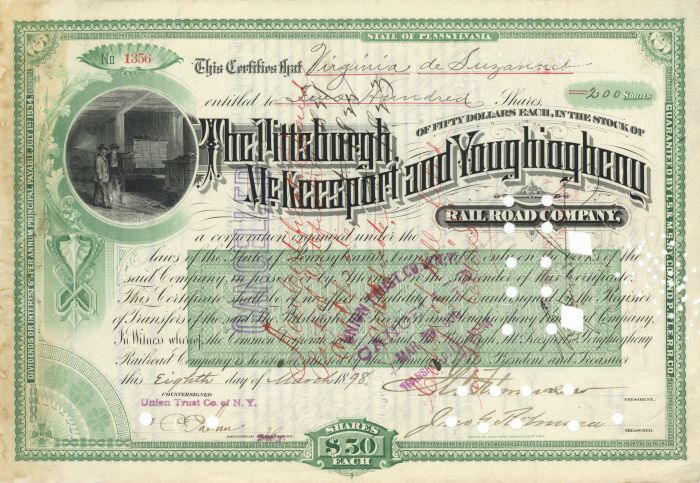 Pittsburgh, McKeesport and Youghiogheny Railroad Co. Issued to Virginia de Suzannet - Autographed Stocks and Bonds