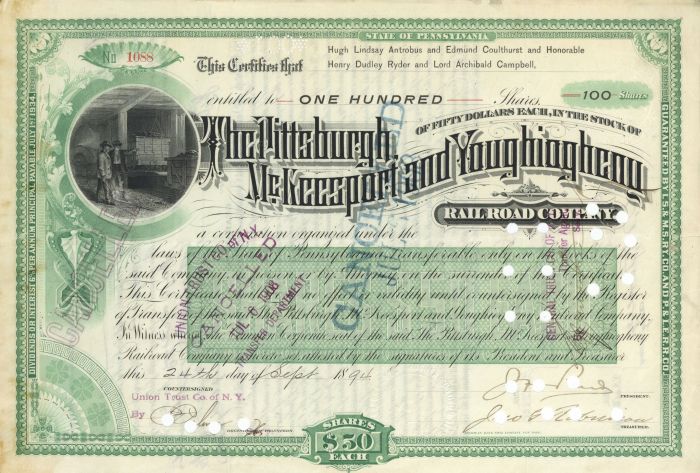 Pittsburgh, McKeesport and Youghiogheny Railroad Co. Issued to Hugh Lindsey etc. - Autographed Stocks and Bonds