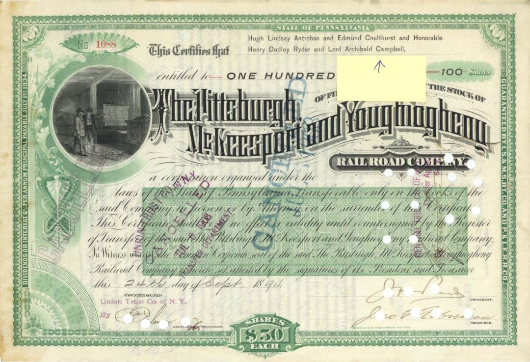 Pittsburgh, McKeesport and Youghiogheny Railroad Co. Issued to Hugh Lindsey Antrobus, etc. - 1894 dated Autographed Stocks and Bonds