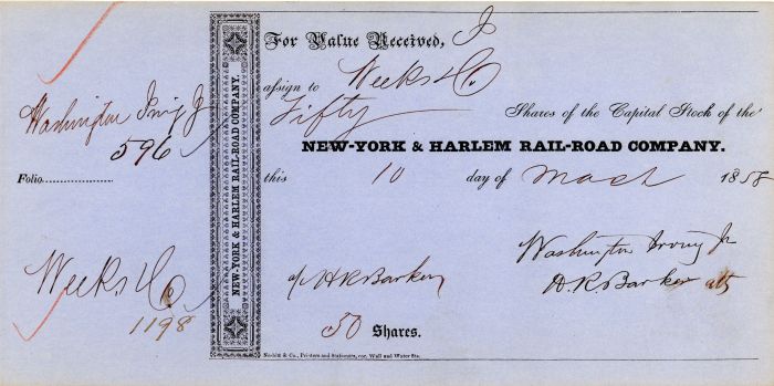 New-York and Harlem Rail-Road Co. Issued to Washington Irving Jr. - Autographed Stocks and Bonds