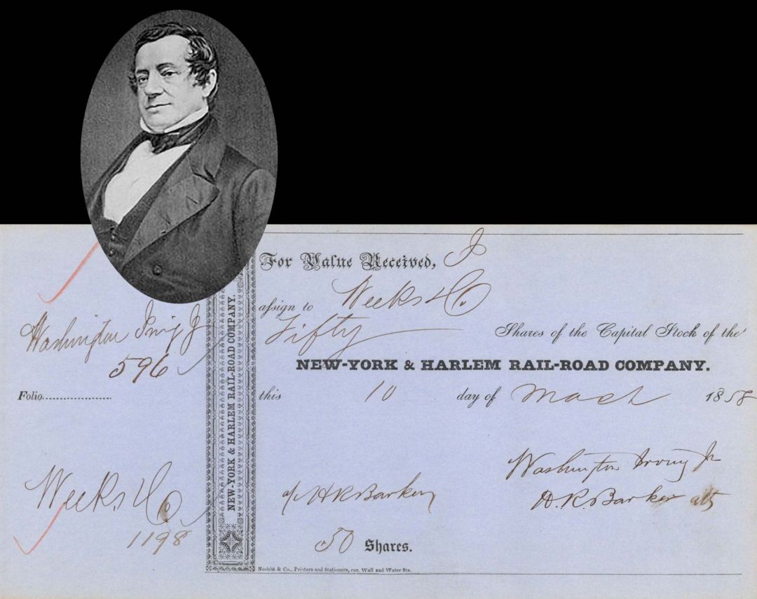 New-York and Harlem Rail-Road Co. Issued to Washington Irving Jr. - 1858 dated Stock Certificate