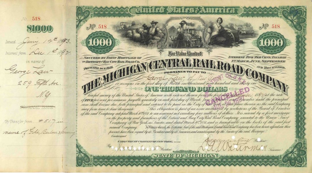 Michigan Central Railroad Co. Issued to George Law - Autograph Railway Bond