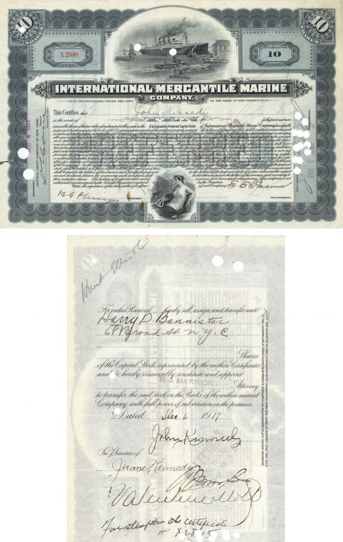 International Mercantile Marine Co. Issued to and signed by John Kennedy - Autographed Stock - Titanic History