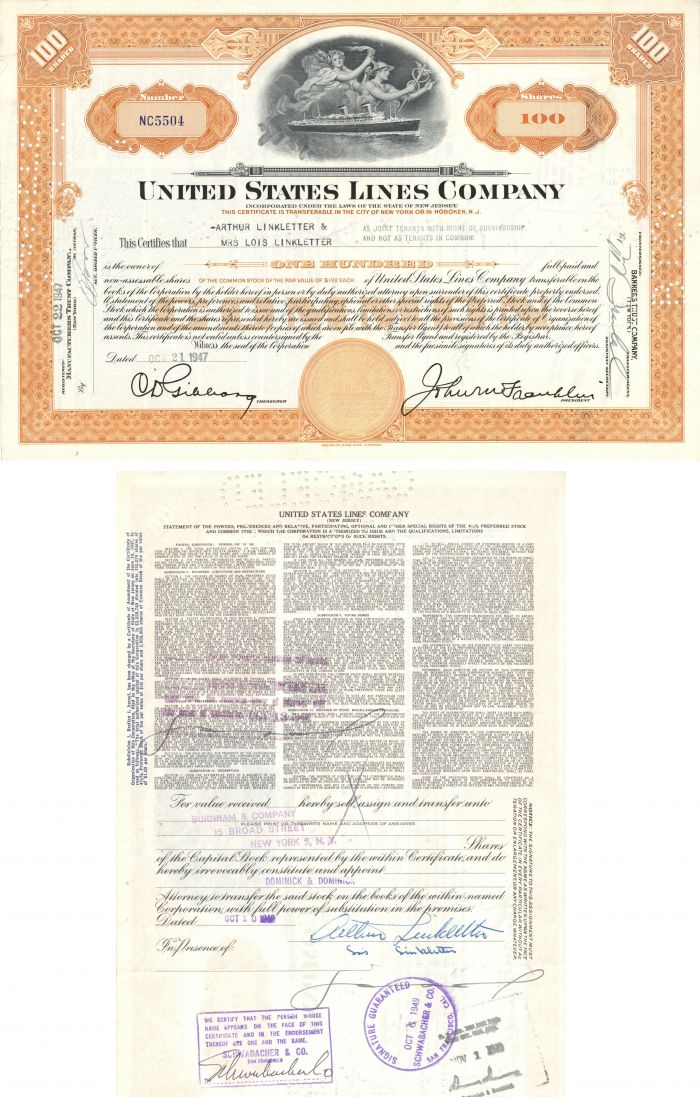 United States Lines Co. Issued to and signed by Arthur Linkletter - Autographed Stocks and Bonds