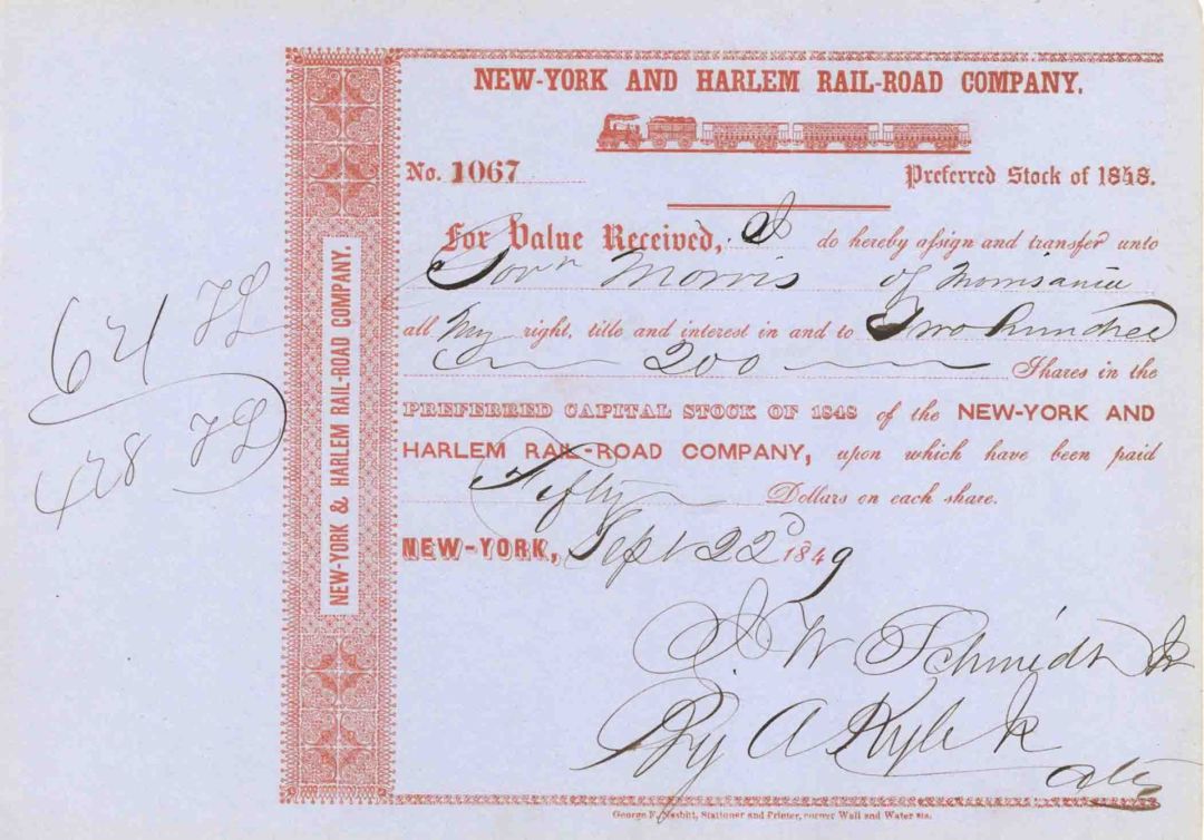 New-York and Harlem Rail Road Co. Issued to Gouverneur Morris of Morrisania - 1849 dated Stock Certificate