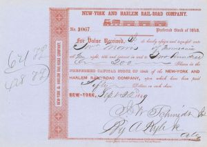 New-York and Harlem Rail Road Co. Issued to Gouverneur Morris of Morrisania - Autographed Stocks and Bonds