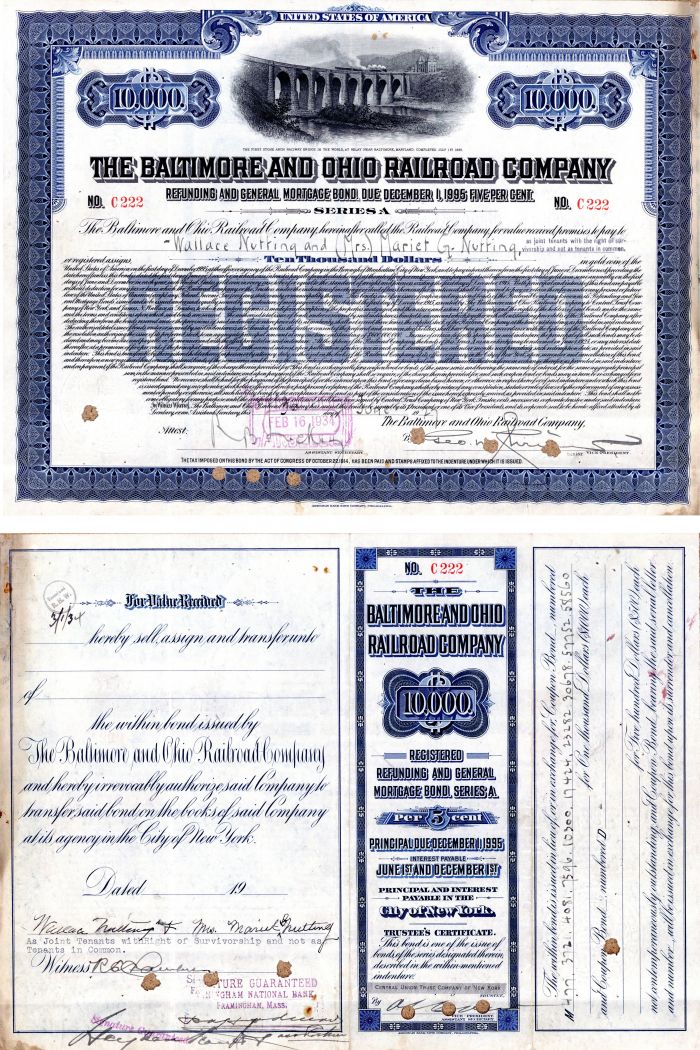 Baltimore and Ohio Railroad Co. Issued to and signed by Wallace Nutting - Autographed Bond