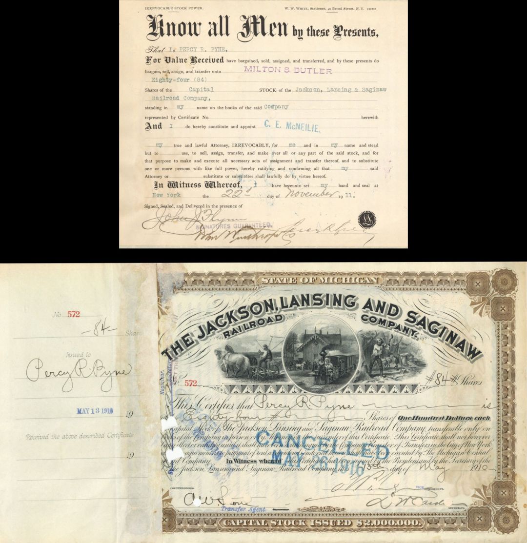 Jackson, Lansing and Saginaw Railroad Co. Issued to and signed by Percy R. Pyne - 1910 dated Autographed Stocks and Bonds