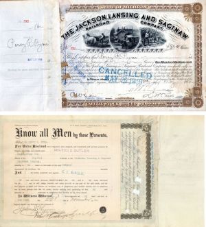 Jackson, Lansing and Saginaw Railroad Co. Issued to and signed by Percy R. Pyne - Autographed Stocks and Bonds