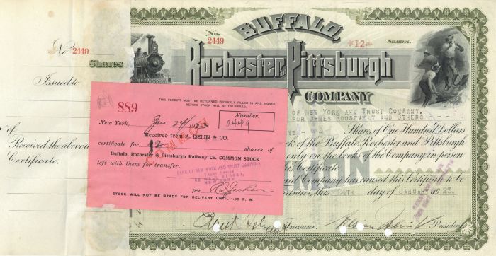 Buffalo, Rochester and Pittsburgh Railway Co. Issued to James Roosevelt - Autographed Stocks and Bonds