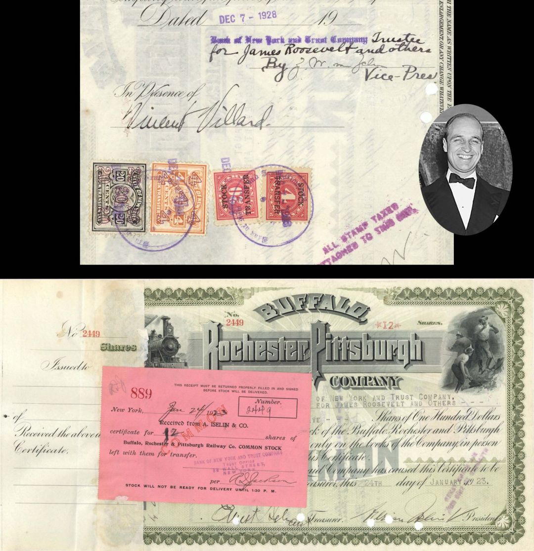 Buffalo, Rochester and Pittsburgh Railway Co. Issued to James Roosevelt - 1923 dated Stock Certificate