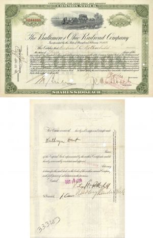 Baltimore and Ohio Railroad Co. Issued to and signed by Richard C. Rothschild - Autographed Stocks and Bonds