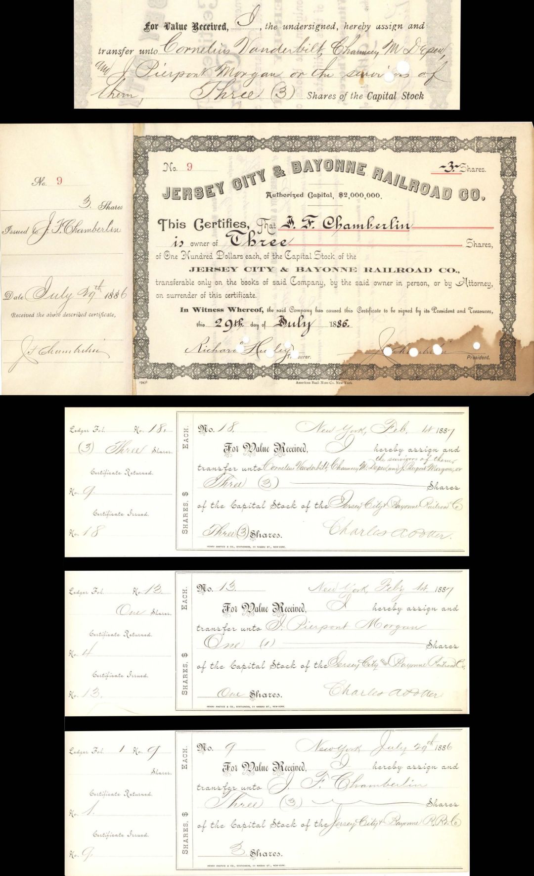 Jersey City and Bayonne Railroad Co. Transferred to J. Pierpont Morgan, Chauncey M. Depew and C. Vanderbilt - 1886 dated Stocks Certificate