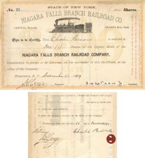 Niagara Falls Branch Railroad Co. Transferred to William K. Vanderbilt - Autographed Stocks and Bonds