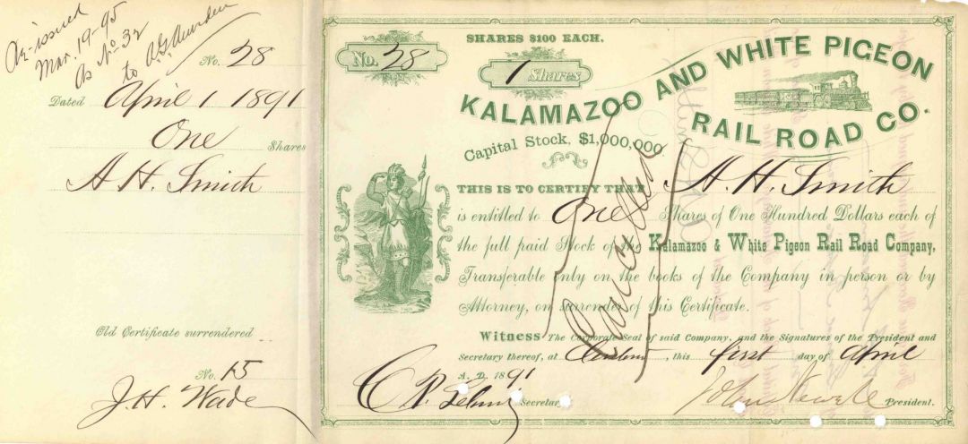 Kalamazoo and White Pigeon Rail Road Co. signed by J. H. Wade, J. Newell and A. H. Smith - Autographed Stock Certificate