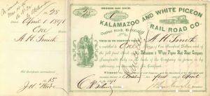 Kalamazoo and White Pigeon Rail Road Co. signed by J. H. Wade, J. Newell and A. H. Smith - Autographed Stock Certificate