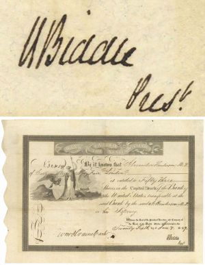 Bank of the United States of America signed by Nicholas Biddle - 1829 dated Autograph Stock Certificate