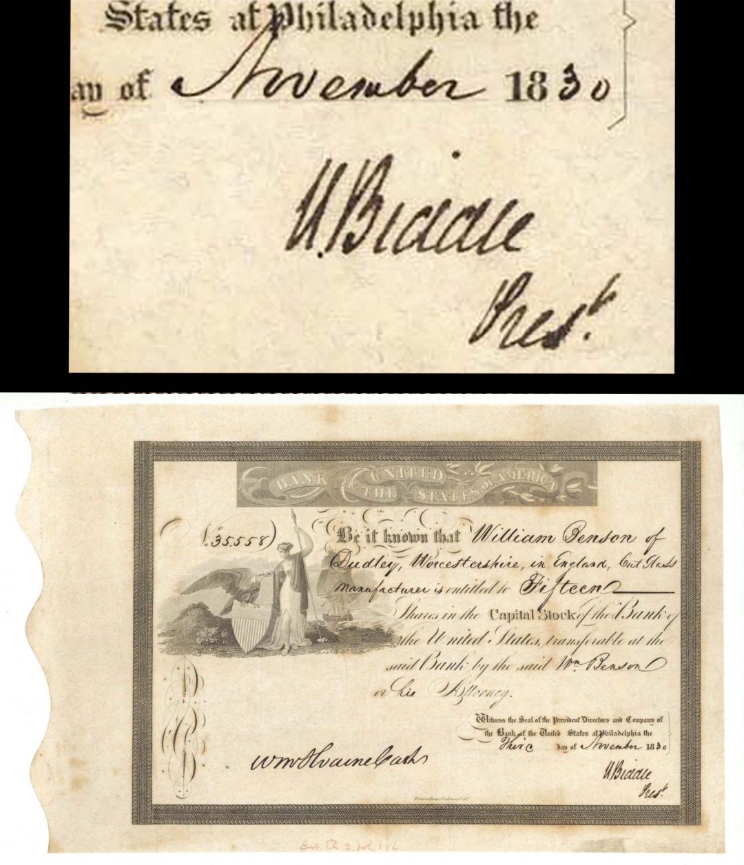 Bank of the United States of America signed by Nicholas Biddle - 1830 dated Autograph Stock Certificate