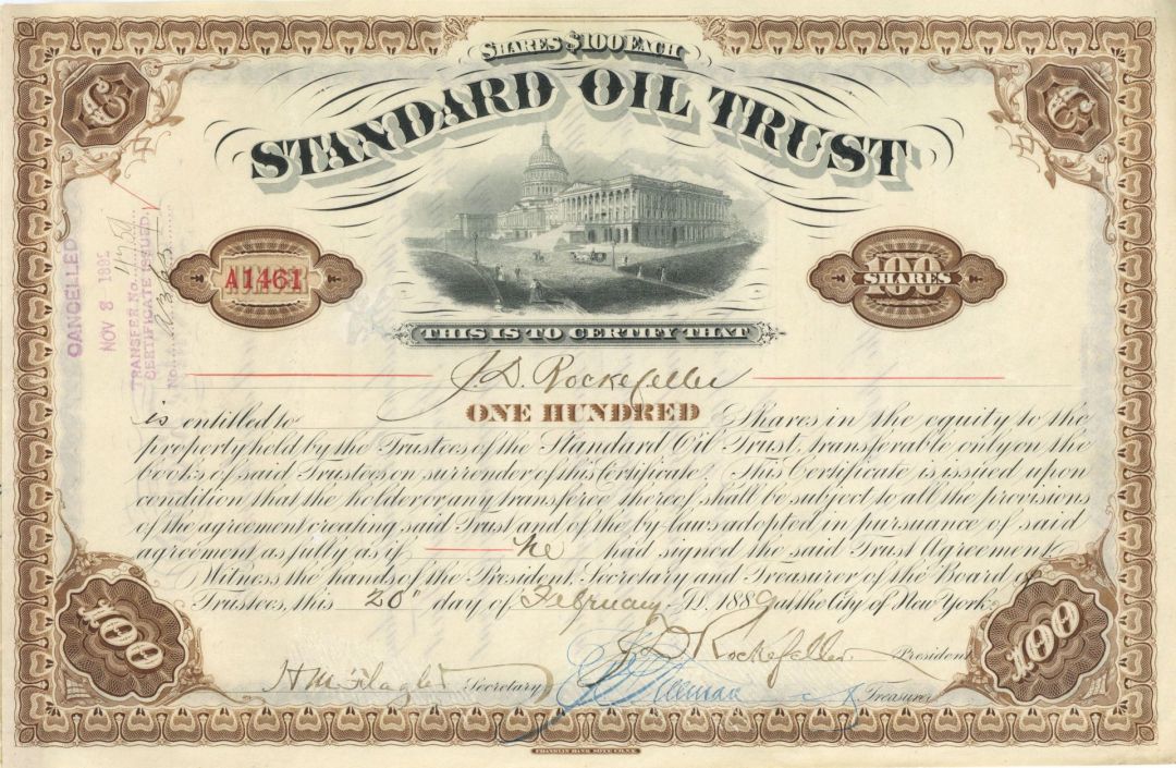 Issued to J. D. Rockefeller Standard Oil Trust signed by J.D. Rockefeller and H.M. Flagler - 1889 dated Autographed Stock Certificate