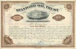 Issued to J. D. Rockefeller Standard Oil Trust ULTIMATE - Signed by J.D. Rockefeller and H.M. Flagler - 1889 dated Autographed Stock Certificate