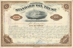 Issued to J. D. Rockefeller Standard Oil Trust signed by J.D. Rockefeller and H.M. Flagler - 1889 dated Autographed Stock Certificate