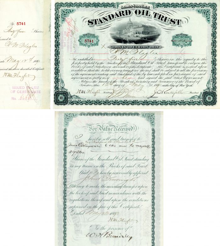 Standard Oil Trust issued to and signed by Henry M. Flagler, J.D. Rockefeller and William Henry Beardsley - 1890 dated Autograph Stock Certificate