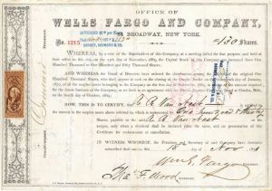 William G. Fargo signed Wells Fargo & Company - Autograph Stock Certificate - Unique with Fargo's Signature