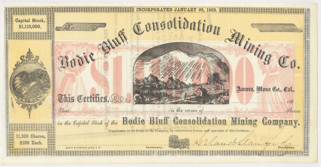 Leland Stanford signed Bodie Bluff Consolidation Mining Co. - 1860's circa Autograph Mining Stock Certificate