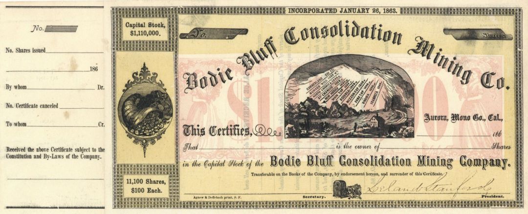 Leland Stanford signed Bodie Bluff Consolidation Mining Co. - 1860's circa Autograph Mining Stock Certificate