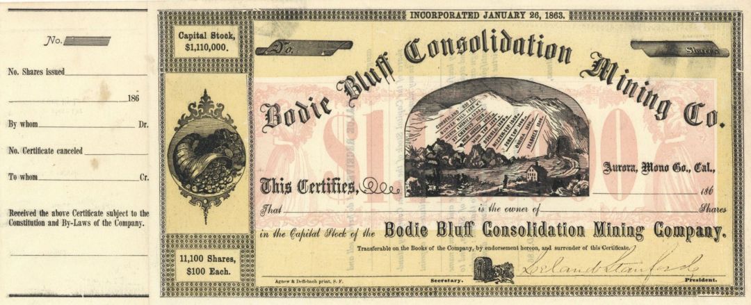 Leland Stanford signed Bodie Bluff Consolidation Mining Co. - Autographed Stock Certificate