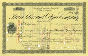 Parrot Silver & Copper Co. issued to William Goodsell Rockefeller and signed at back - Autographed Stock Certificate