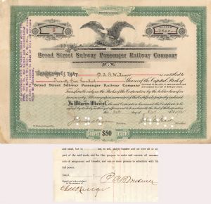 Broad Street Subway Passenger Railway Co. signed by Peter A.B. Widener - Autograph Stock Certificate