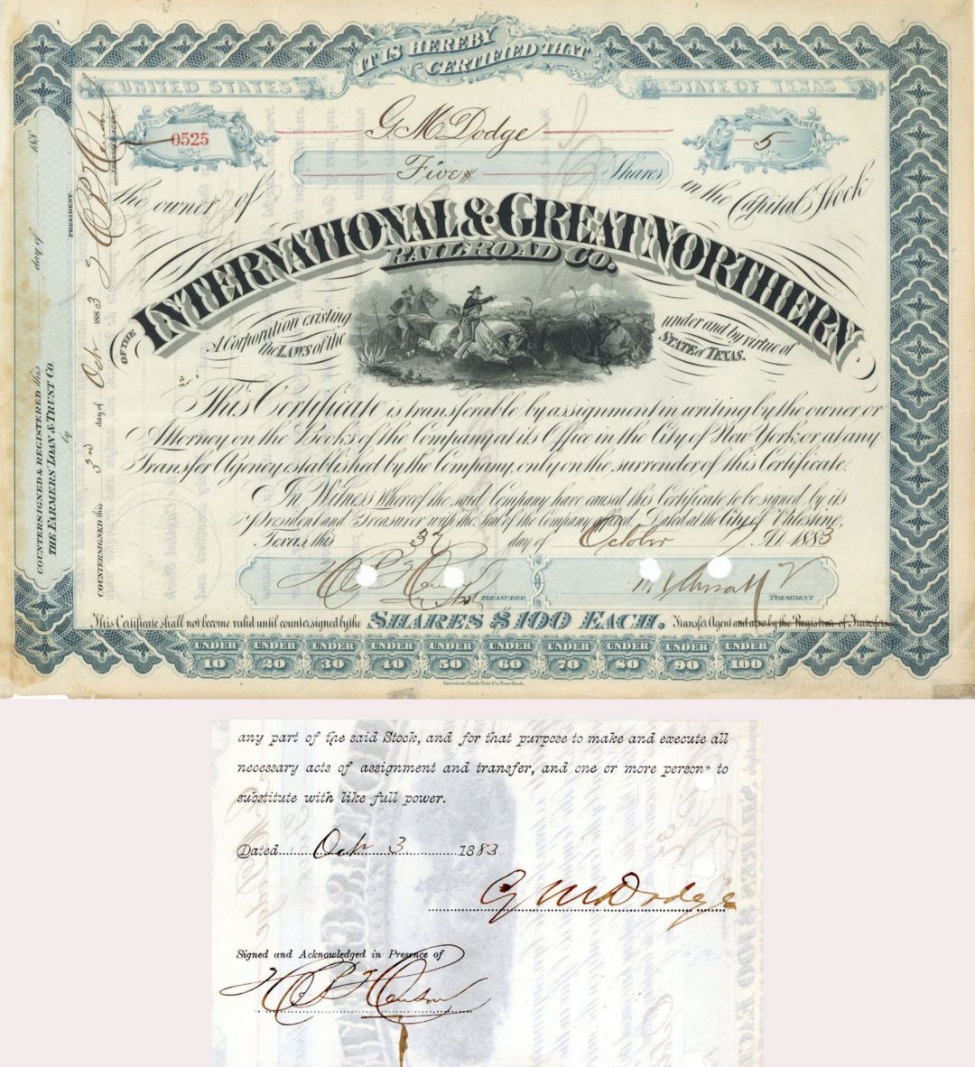 International and Great Northern Railroad Co. Issued to and Signed by G.M. Dodge - Autographed Stocks and Bonds