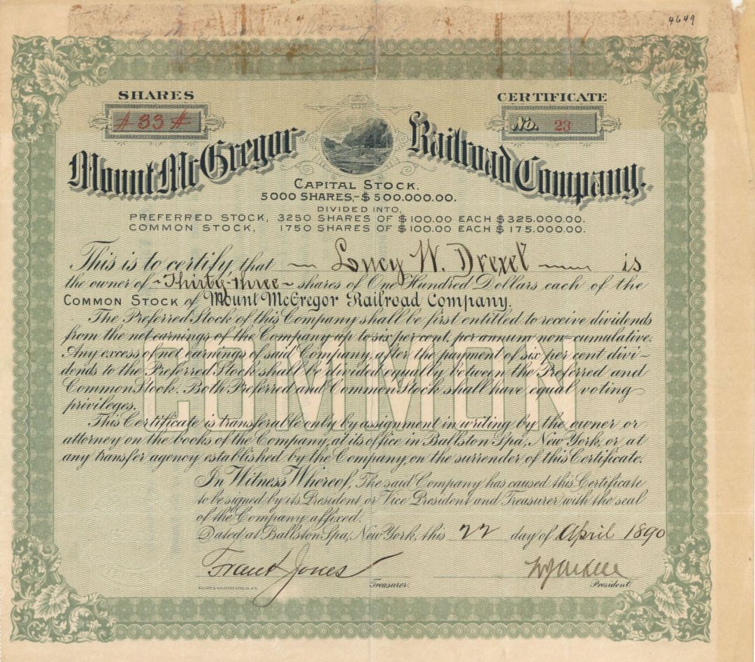 Mount McGregor Railroad Co. Issued to Lucy W. Drexel - Autograph Stock Certificate